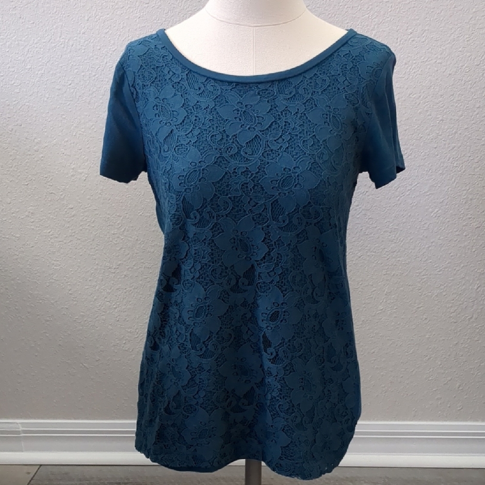 LOFT Teal Lace Short Sleeve Top